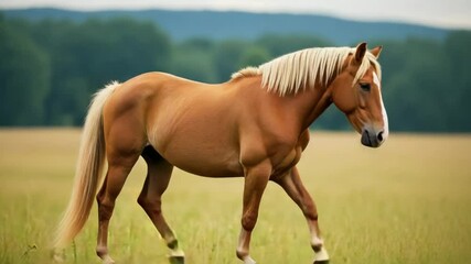 A brown horse stands alone on a lush green field, perfect for rural or countryside themed designs.