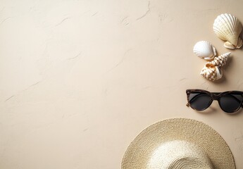 Beige surface with seashells, sunglasses, and a straw hat