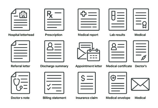 Medical document set. hospital paperwork linear icons. prescription, report, billing, appointment vector icons.