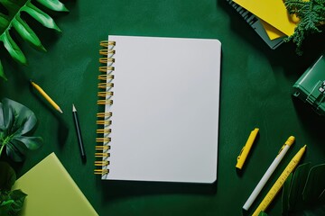 Blank spiral-bound notebook surrounded by vibrant green leaves and colorful school supplies on a dark green surface