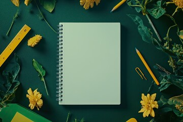 Flat lay of a light mint-green notebook surrounded by vibrant yellow flowers, greenery, and stationery items on a deep green background