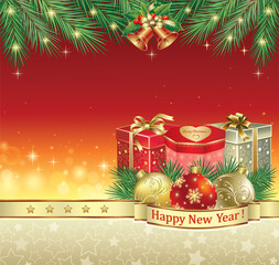  Merry Christmas and Happy New Year background. Gift boxes, balls, fir branches. Festive composition decorated ribbon with congratulation text. Holiday banner, web poster, greeting card, vector 