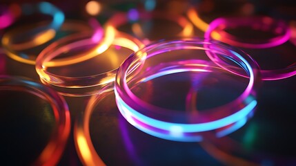 A holographic logo composed of abstract digital elements, glowing softly against a dark backdrop