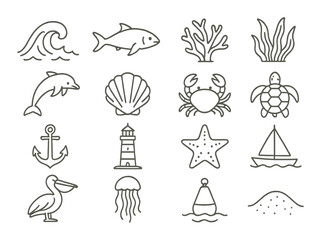 Marine life icon set. ocean linear icons: wave, fish, coral, seaweed, anchor, vector icons.