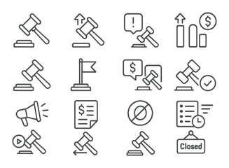 Fototapeta premium Gavel set. legal tools linear design. judge, auction, law, court, litigation vector icons.