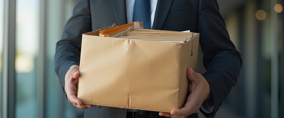 Businessman carrying cardboard box of belongings in office hallway after being fired or resigning
