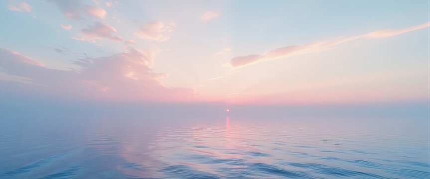 Serene pastel pink and blue sunset over calm ocean water with soft clouds, tranquil nature background.