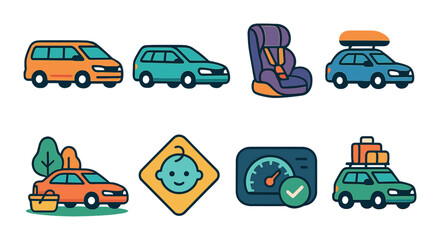 Naklejka premium Car travel set. transportation flat icons. car, van, speedometer, luggage, gps vector icons.