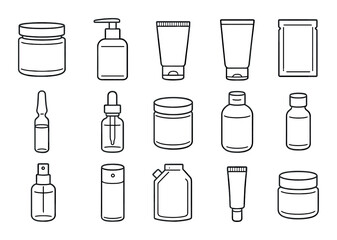 Cosmetic container set. skincare packaging linear bottles, tubes, jars, ampoules vector icons.