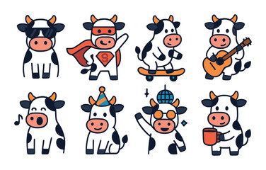 Cow character set. fun animal silhouette style. superhero, music, party, coffee, dance vector icons.