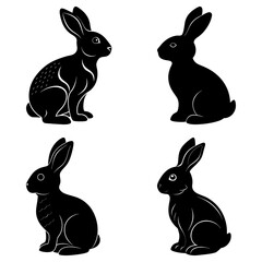 Fototapeta premium Four black rabbits in various poses against a white background in a symmetrical arrangement style image