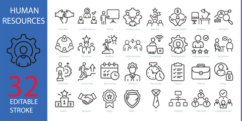 Human resources icons, such as recruitment, hr management, collaboration, teamwork and more. Editable stroke. Change to any size and any color.