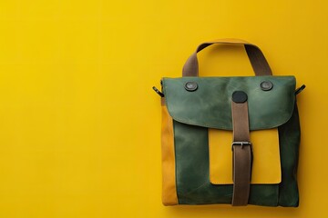 Colorful leather handbag on yellow background