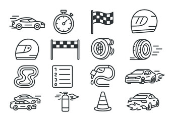 Race car set. motorsport flat icons. helmet, flag, track, tire, cone, stopwatch vector icons.