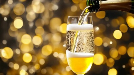 Elegant champagne pouring into flute with celebratory golden bokeh background, perfect for festive occasions - Powered by Adobe
