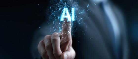 Hand pointing at a glowing AI text, digital concept