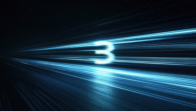 Digital countdown number 3 with streaks of light