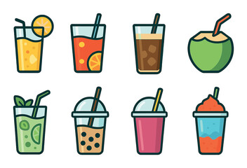Beverage set. refreshing drinks flat icons. lemonade, coffee, coconut, smoothie vector icons.
