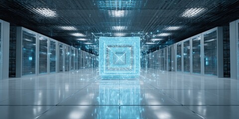 Futuristic server room with glowing, digital cube