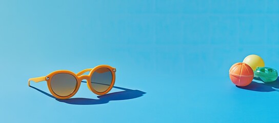 Orange sunglasses and colorful balls on a vibrant blue background