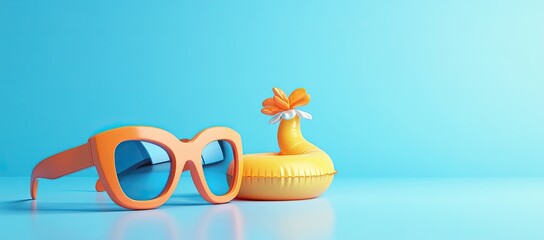 Orange sunglasses and a yellow inflatable ring against a light blue background