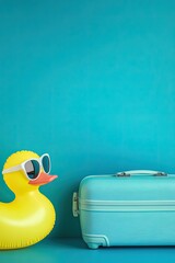 A teal-colored background with a yellow rubber duck wearing sunglasses and a teal suitcase
