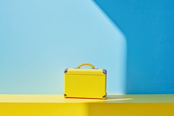 Yellow suitcase on a yellow platform against a light blue background