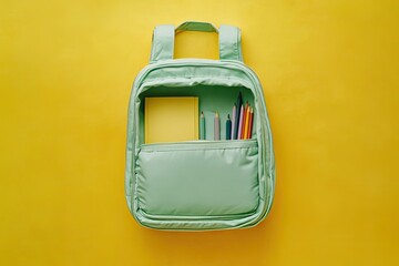Mint-green backpack, open, filled with stationery