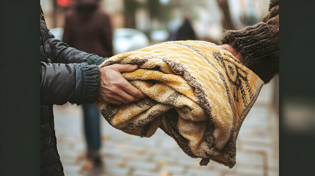 Person offering blanket to homele  8CDF5