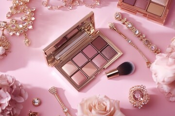 A blush-toned makeup palette, nestled amidst jewelry and flowers, sits on a soft pink surface.  
