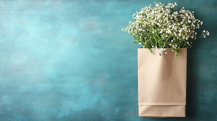 bag with floral bouquet peeking out spring season concept romantic gift giving flower market shopping clean background delicate soft colors aesthetic market vibes feminine design 