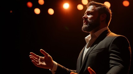 Man Giving a Speech on Stage with Warm Lighting