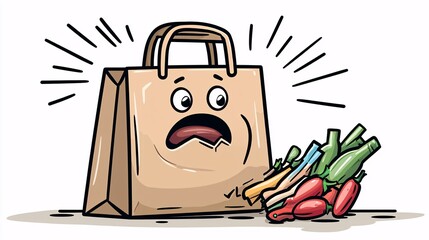 illustration of paper bag breaking with groceries falling out humorous mishap urban scene character reacting surprise expression storytelling moment food spill everyday chaos casual style 