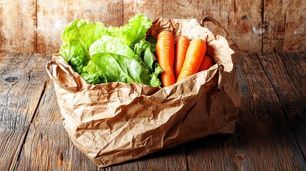 wrinkled brown paper shopping bag with handles, slightly crumpled, sitting on a wooden table. Inside, fresh vegetables like carrots and lettuce peek out, suggesting a recent grocery trip. Natural 