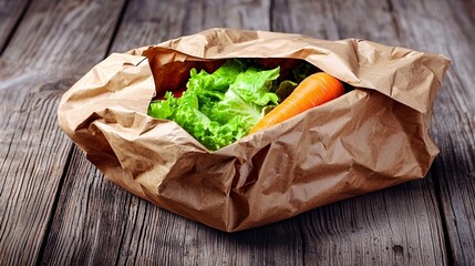 wrinkled brown paper shopping bag with handles, slightly crumpled, sitting on a wooden table. Inside, fresh vegetables like carrots and lettuce peek out, suggesting a recent grocery trip. Natural 