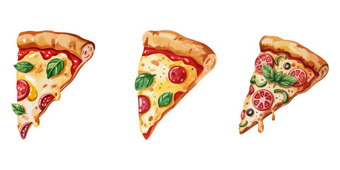 Assorted pizza slices and calzones in flat style with melted cheese and toppings vector illustration, Pizza Slices Icon Set, hand sketched pizza illustration with pepperoni, transparent background