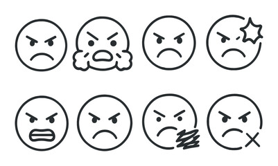 Angry emoji set. expressive silhouette emoticons: mad, furious, annoyed, shocked vector icons.