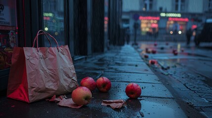 torn paper shopping bag on a sidewalk, with a few fallen apples nearby. Urban setting with slight rain puddles, moody lighting. Symbolizes waste or accidental drop. torn paper bag, shopping, 