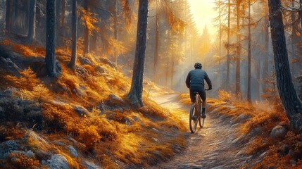 Obraz premium Man Mountain Biking on Autumn Trail in Forest