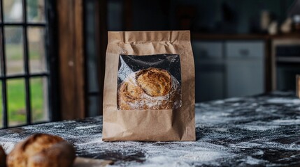 transparent windowed paper bag revealing a freshly baked baguette inside. Placed on a rustic kitchen counter with flour dusting. Warm, inviting feel. transparent window, paper bag, baguette, 