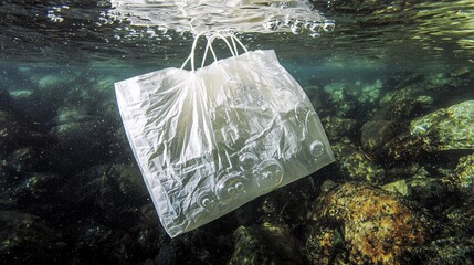 paper shopping bag submerged in clear water, floating slightly with air bubbles. Surreal, artistic composition with a dreamlike quality. submerged, paper bag, water, floating, air bubbles, surreal, 