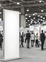 Blank vertical display stand in a busy exhibition hall with attendees exploring various booths and presentations