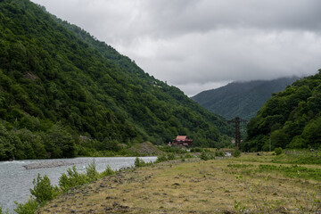 Mountains, field, river and cloudy, cloudy sky, Georgia