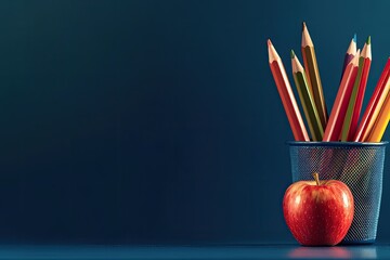 Colorful pencils in a mesh container beside a red apple against a dark navy backdrop