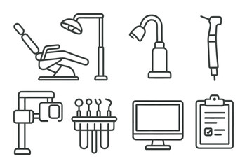 Dental clinic set. medical equipment linear design. chair, lamp, drill, monitor, tools vector icons.