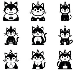 Fototapeta premium Cute Black Cat Birthday Party Clipart Illustrations Set