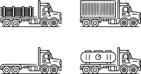 Diverse Semi Truck Icons Flat Line Art Design Transportation Vehicles Illustration, silhouette