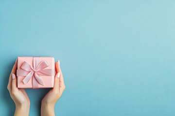Light pink gift box held by hands, pale blue background
