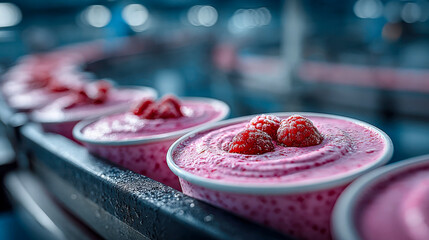 Raspberry yogurt in plastic cups on a production line, topped with fresh raspberries and captured in vivid detail