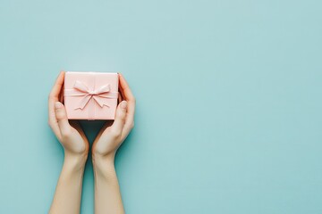 Light pink gift box held gently in hands, light blue background